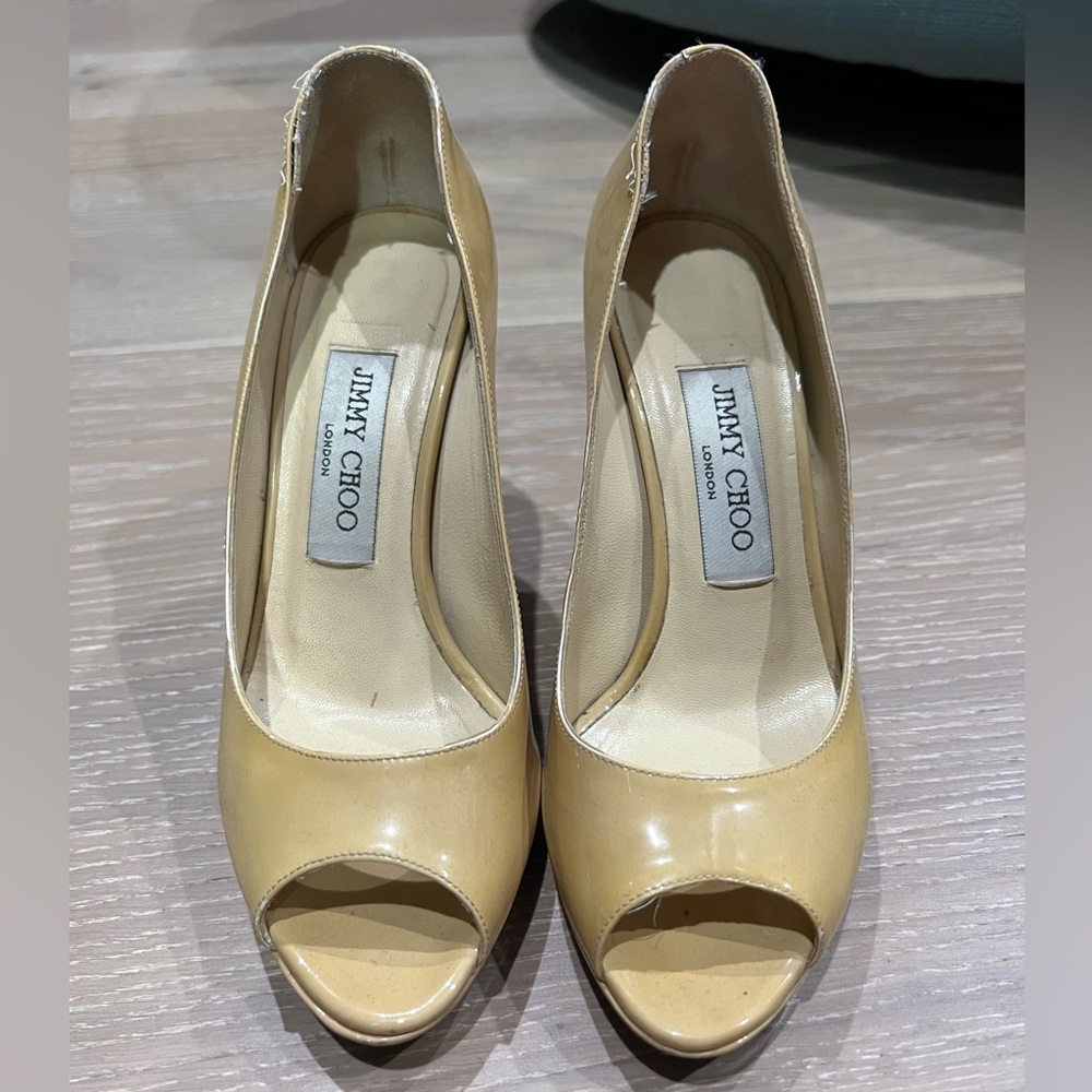 JIMMY CHOO PATENT LEATHER PEEP TOE PUMPS 36